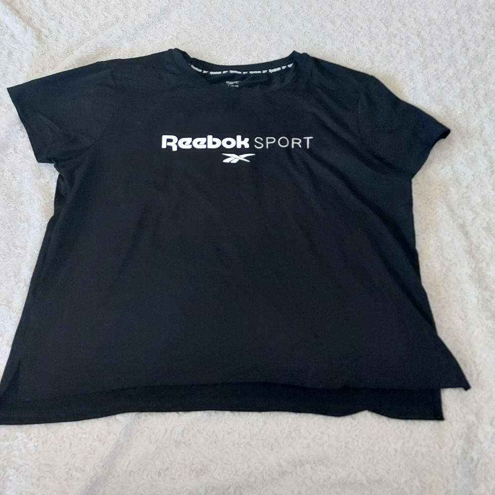 Reebok Sport Cropped Black Crew Neck Tee Large Boxy Athletic Workout Gym